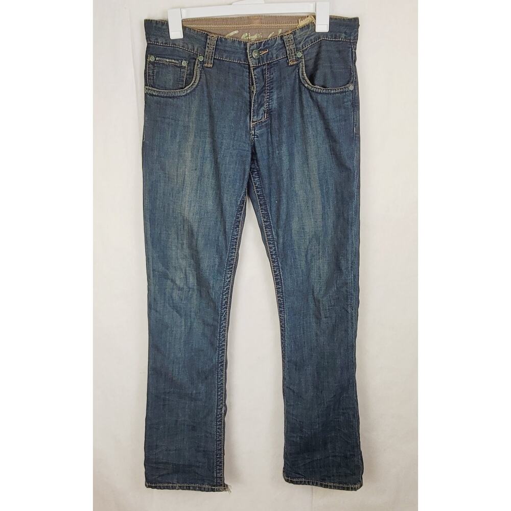 Stitch's Denim Texas blue button fly distressed jeans Size 34 Western Retro